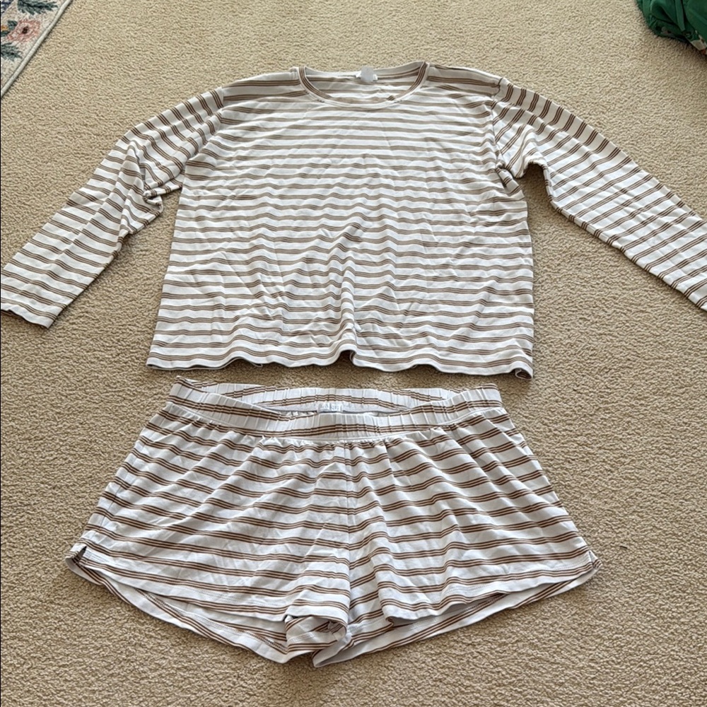 LAKE Tan and White Striped 100% Pima Cotton Pajama Set for Cozy Nights